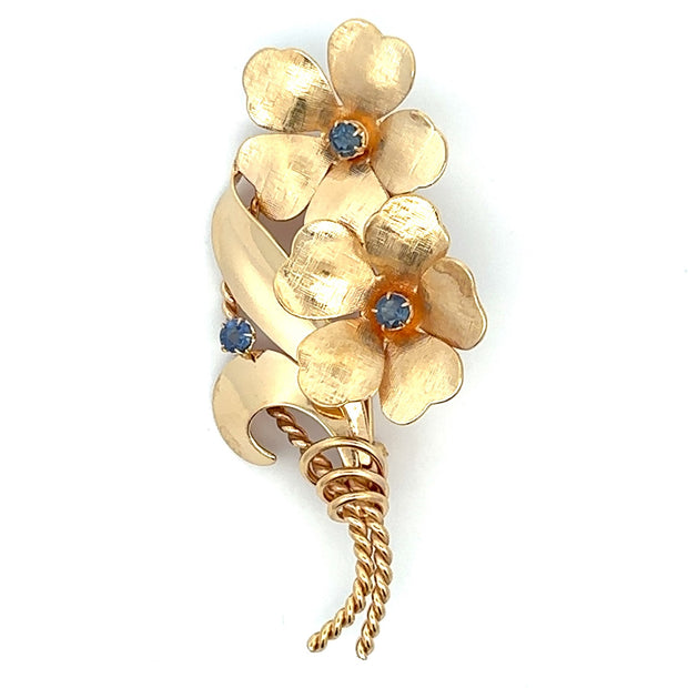 Estate 14K Yellow Gold & Sapphire Floral Brooch