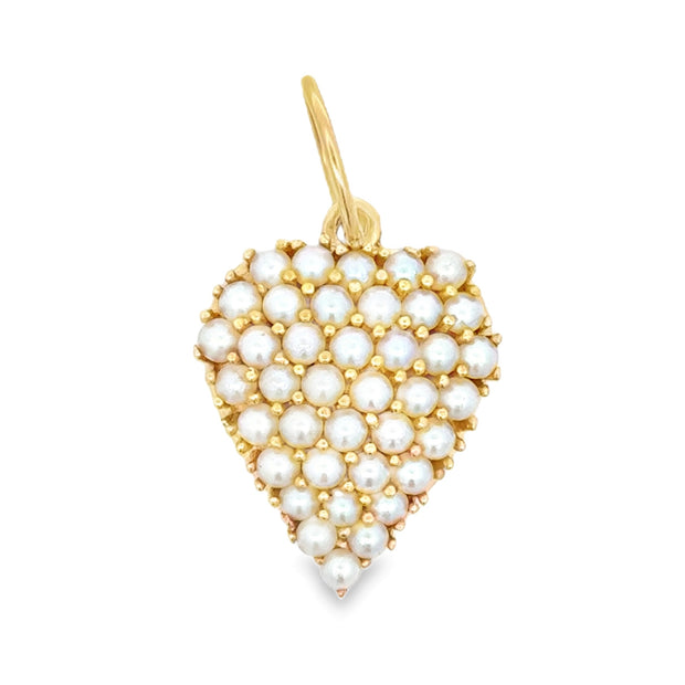 Estate 14K Yellow Gold Seed Pearl Heart Pendant