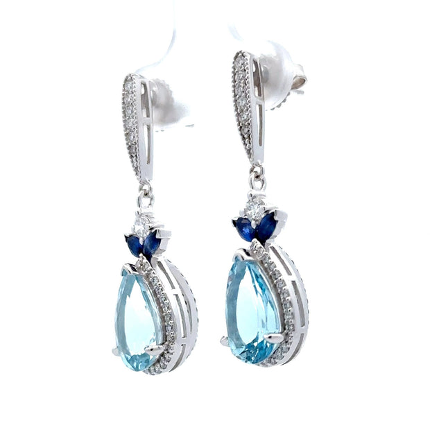 14K White Gold Aquamarine, Sapphire, & Diamond Dangle Earrings