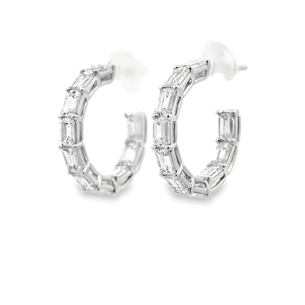 18K White Gold Emerald-Cut Diamond Hoop Earrings