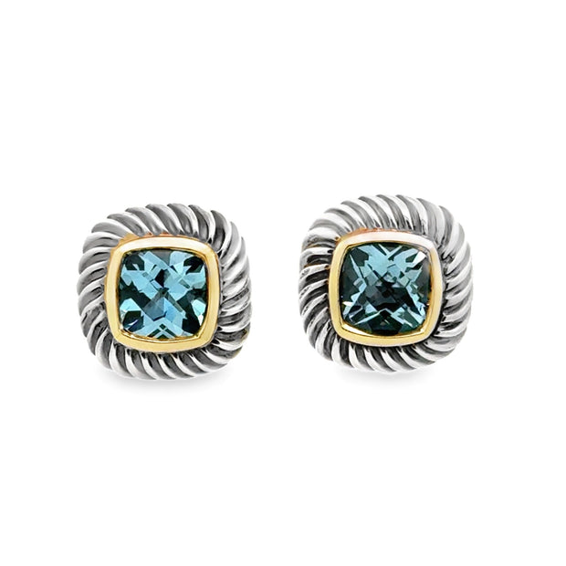 Estate David Yurman Sterling Silver & 14K Yellow Gold Blue Topaz Earrings