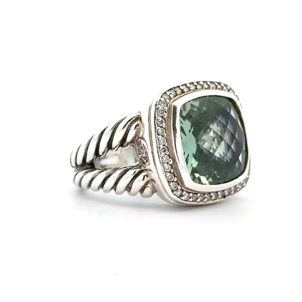 Estate David Yurman Sterling Silver Prasiolite & Diamond Ring