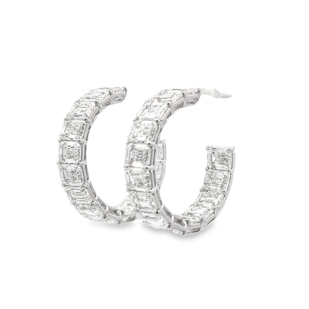18K White Gold Emerald-Cut Diamond Hoop Earrings