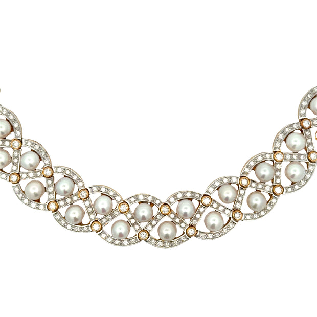 Estate 18K Yellow Gold Akoya Pearl & Diamond Necklace