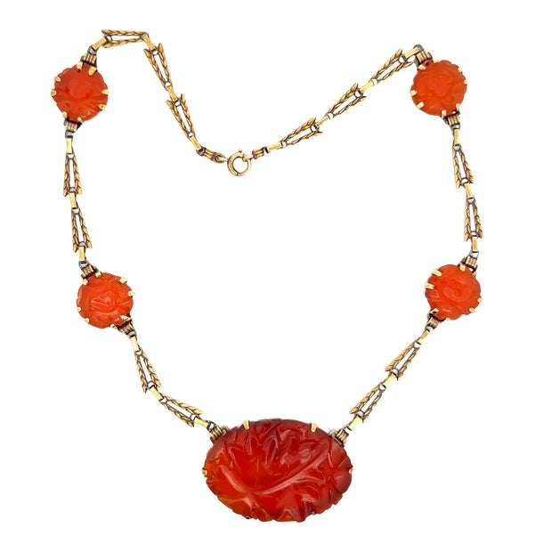 Estate 14K Yellow Gold Carved Carnelian Necklace