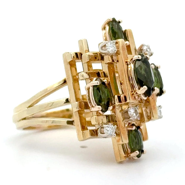 Estate 18K Yellow Gold & Platinum Green Tourmaline & Diamond Ring