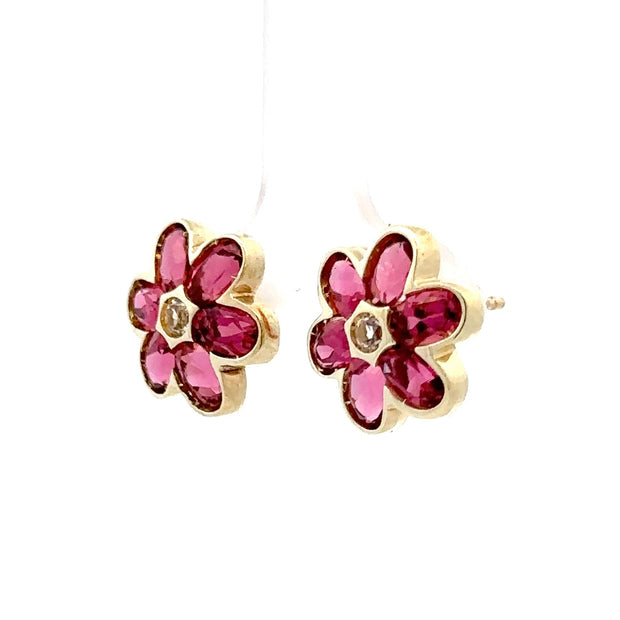 Estate 14K Yellow Gold Pink Tourmaline & Diamond Earrings