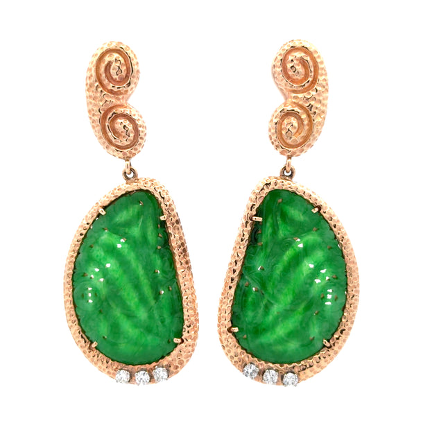 Estate 14K Yellow Gold Jade & Diamond Earrings