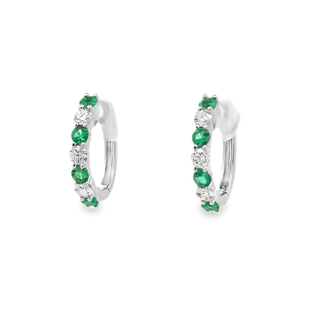 14K White Gold Emerald & Diamond Hoop Earrings