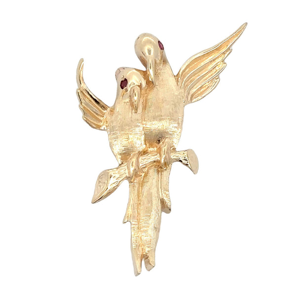 Estate 14K Yellow Gold & Ruby Turtle Dove Brooch