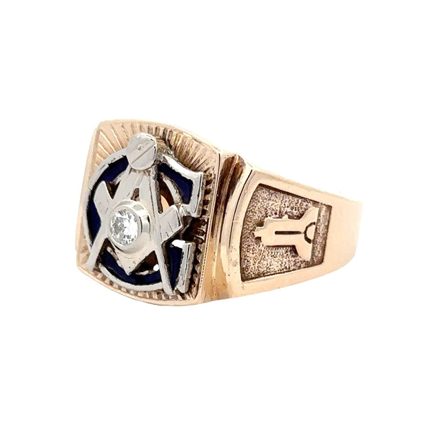 Estate 14K Yellow & White Gold Diamond Masonic Ring