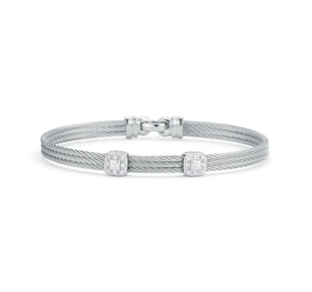ALOR Grey Cable Classic Stackable Bracelet with Double Square Station set in 18kt White Gold