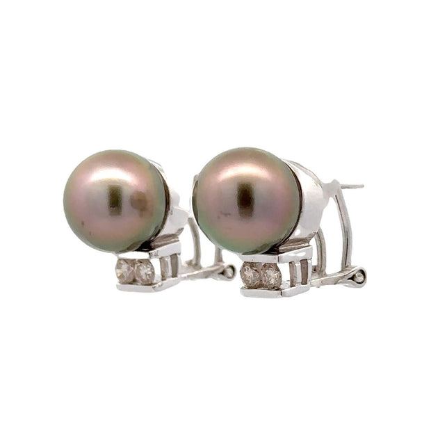 Estate 18K White Gold Tahitian Pearl & Diamond Earrings