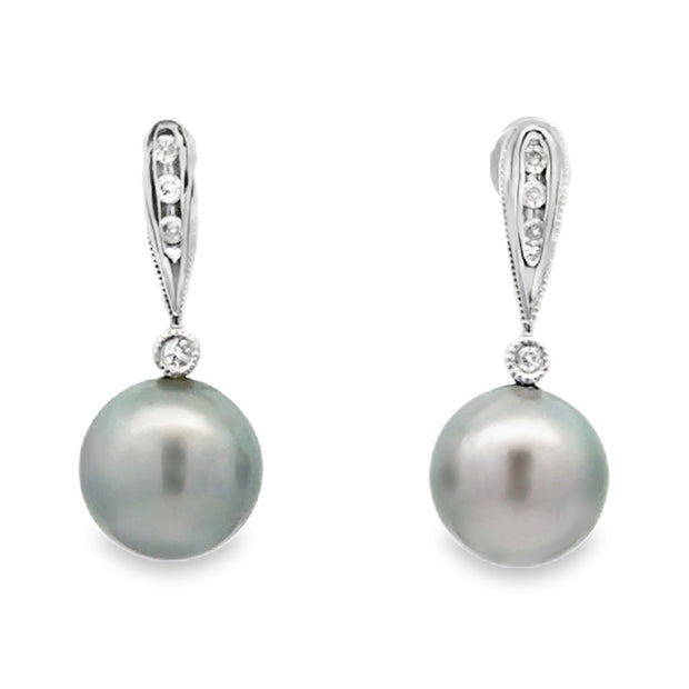 Estate 14K White Gold Tahitian Pearl & Diamond Earrings