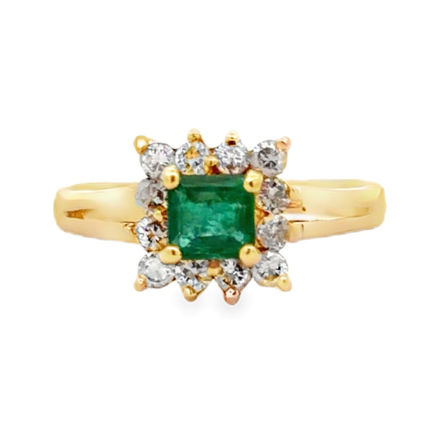 Estate 14K Yellow Gold Emerald & Diamond Ring
