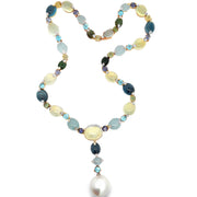 18K Rose Gold Prehnite, Aquamarine, Topaz, Tourmaline, Iolite, South Sea Pearl & Diamond Necklace