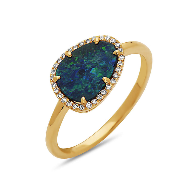 14K Yellow Gold Black Opal Doublet & Diamond Ring