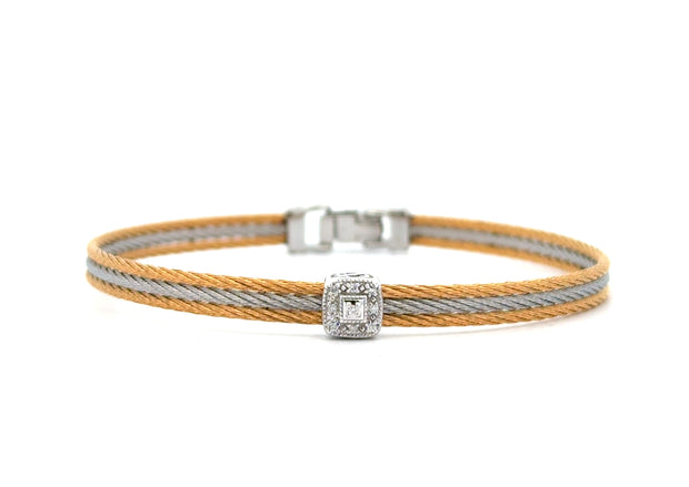 ALOR Yellow & Grey Cable Classic Stackable Bracelet with Single Square Station set in 18kt White Gold