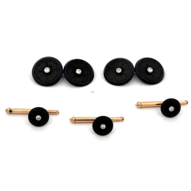 Estate 14K Yellow Gold Carved Onyx & Diamond Cufflink & Stud Set