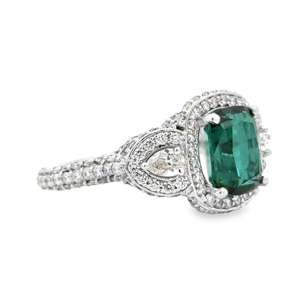 14K White Gold Teal Tourmaline & Diamond Ring