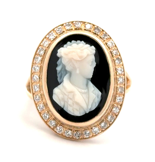 Estate 14K Yellow Gold Onyx & Diamond Cameo Ring