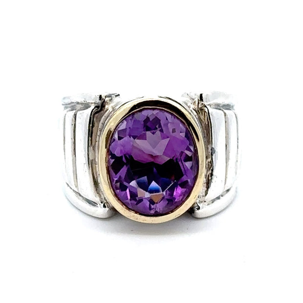 Estate Sterling Silver & 18K Yellow Gold Lagos Caviar Amethyst Ring