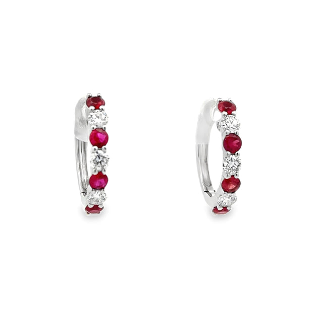 14K White Gold Ruby & Diamond Hoop Earrings