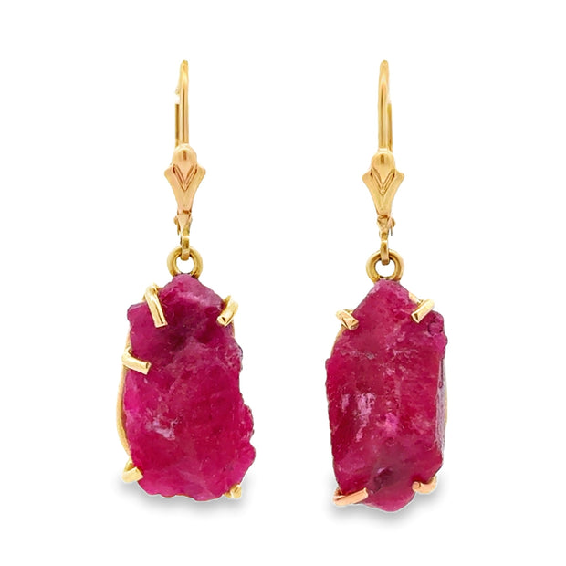 Estate 14K Yellow Gold Raw Ruby Dangle Earrings