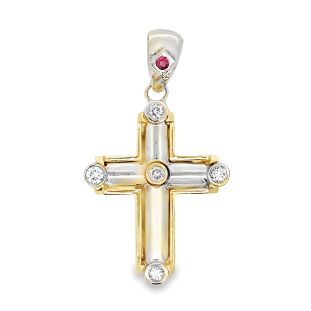 Estate 14K Yellow & White Gold Diamond & Ruby Cross