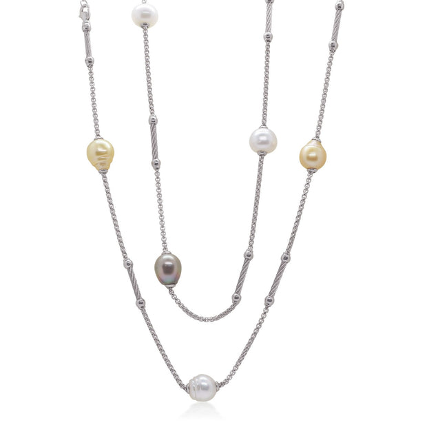 ALOR Grey Chain & Cable Multi-Colored South Sea Pearl Station Necklace