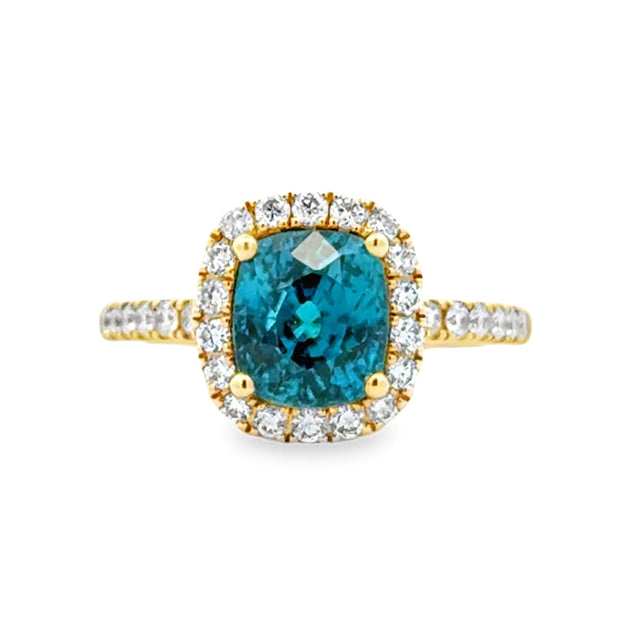 14K Yellow Gold Blue Zircon & Diamond Ring