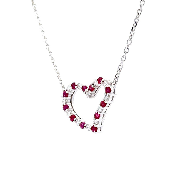 Estate 14K White Gold Ruby & Diamond Heart Necklace