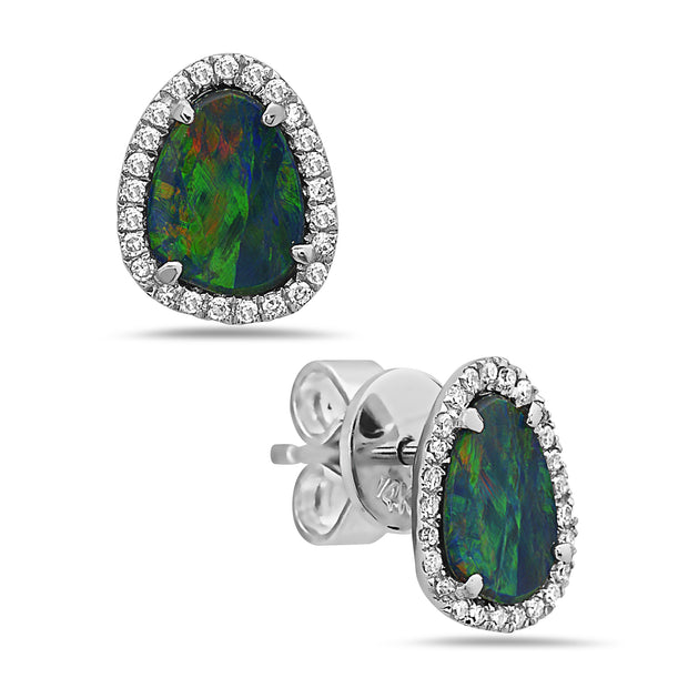 14K White Gold Black Opal Doublet & Diamond Earrings