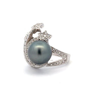 Estate 18K White Gold Tahitian Pearl & Diamond Ring