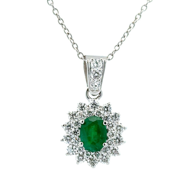 14K White Gold Emerald & Diamond Necklace