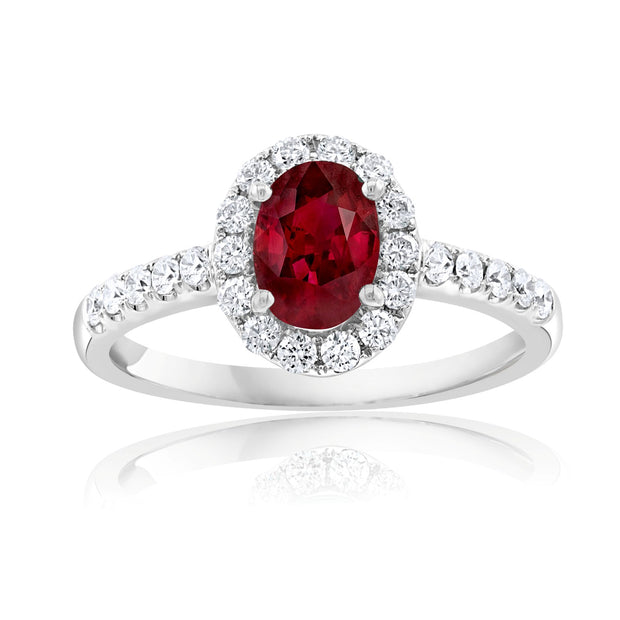 14K White Gold Ruby & Diamond Halo Ring