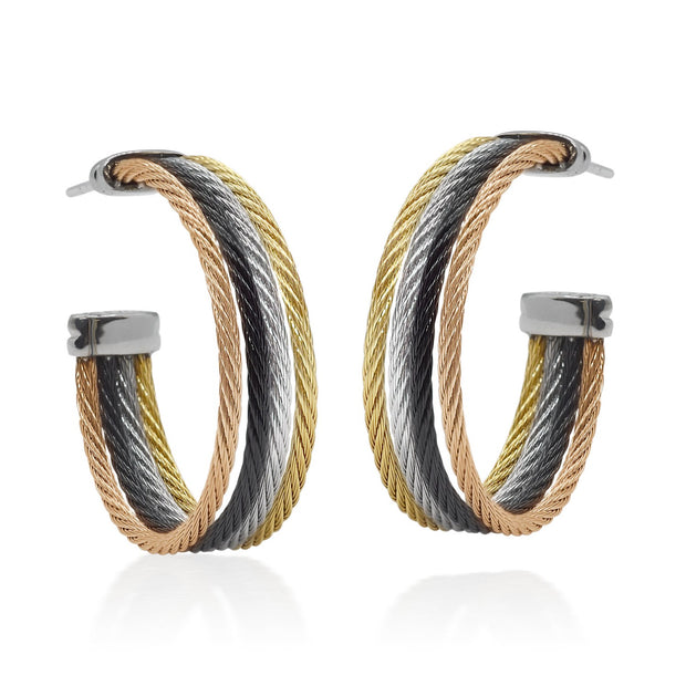 ALOR Rose, Black, Grey, & Yellow Cable Medium Hoop Earrings with 18kt White Gold