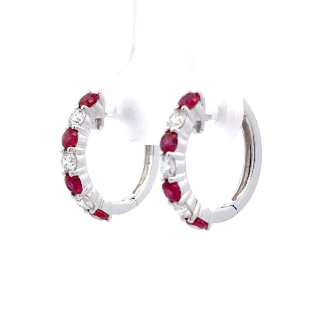 14K White Gold Ruby & Diamond Hoop Earrings