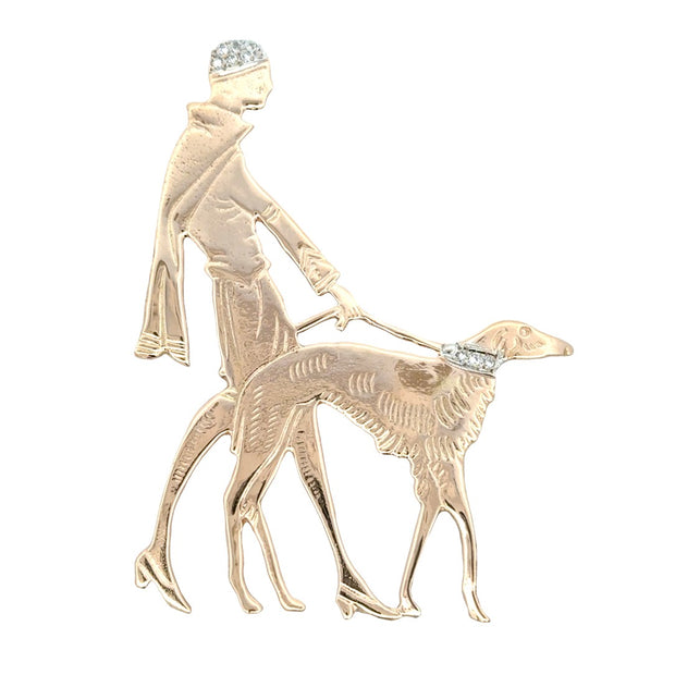 Estate Handmade 14K Yellow Gold Lady & Dog Diamond Brooch