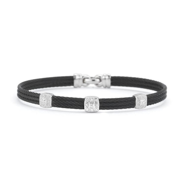 ALOR Black Cable Classic Stackable Bracelet with Triple Square Station set in 18kt White Gold