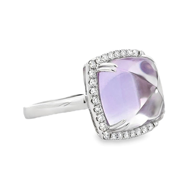 14K White Gold Sugar Loaf Amethyst & Diamond Ring