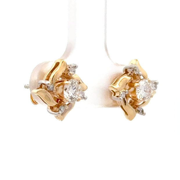 Estate 14K Yellow Gold Diamond Stud Earrings W/ Diamond Jackets