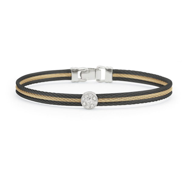 ALOR Black & Yellow Cable Classic Stackable Bracelet with Single Round Station set in 18kt White Gold