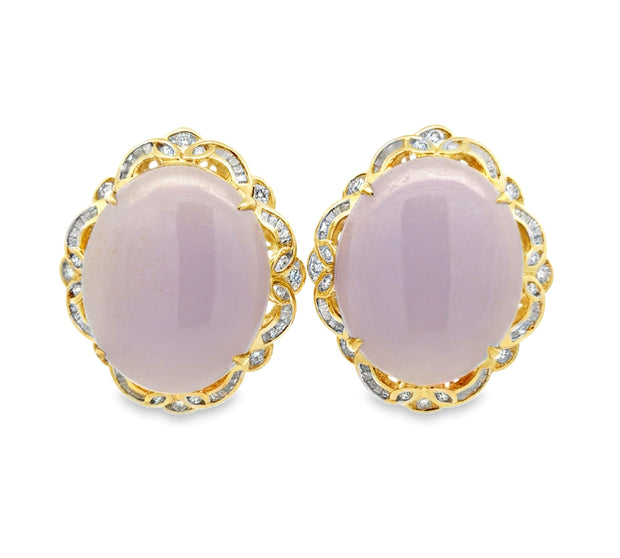 Estate 18K Yellow Gold Large Lavender Jade & Diamond Earrings