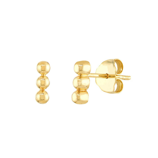 14K Yellow Gold Triple Bead Stud Earrings