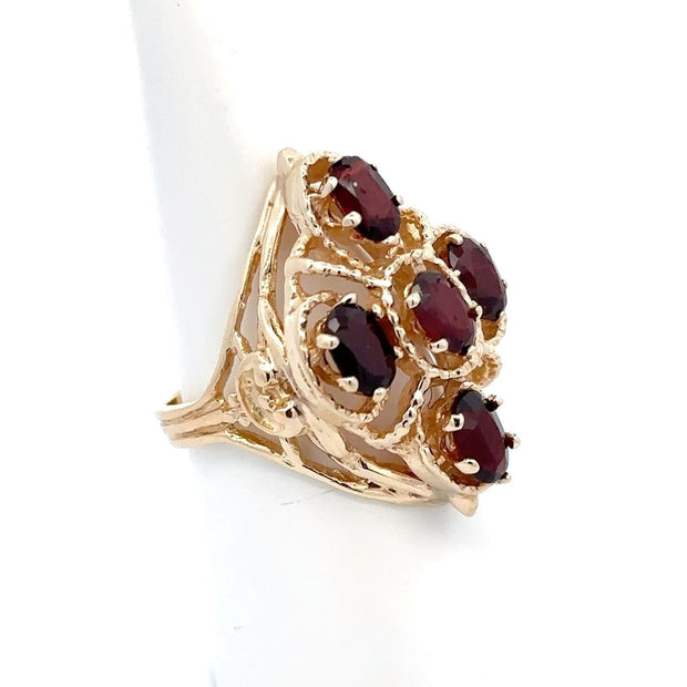 Estate 14K Yellow Gold Open Work Garnet Ring