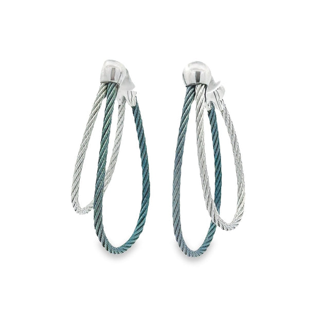 ALOR Caribbean Blue & Grey Cable Asymmetrical Hoop Earrings with 18kt White Gold