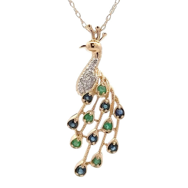 Estate 14K Yellow Gold Sapphire, Emerald, & Diamond Peacock Necklace