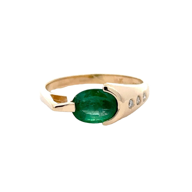 Estate 14K Yellow Gold Contemporary Emerald & Diamond Ring
