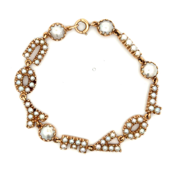 Estate 14K Yellow Gold "I Love You" Pearl Bracelet